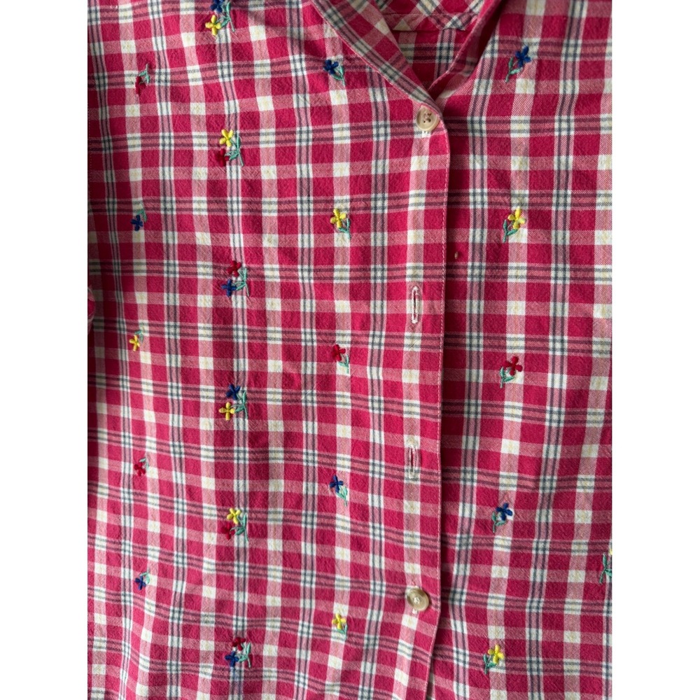 Krazy Kat Vintage Plaid Embroidered Floral Button Up Shirt Denim Collar Red L - Picture 6 of 8